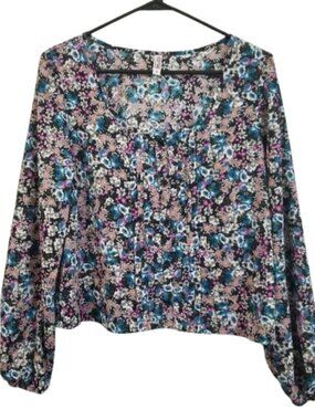Mudd Women's Blouse Large Sheer Floral Crop Top